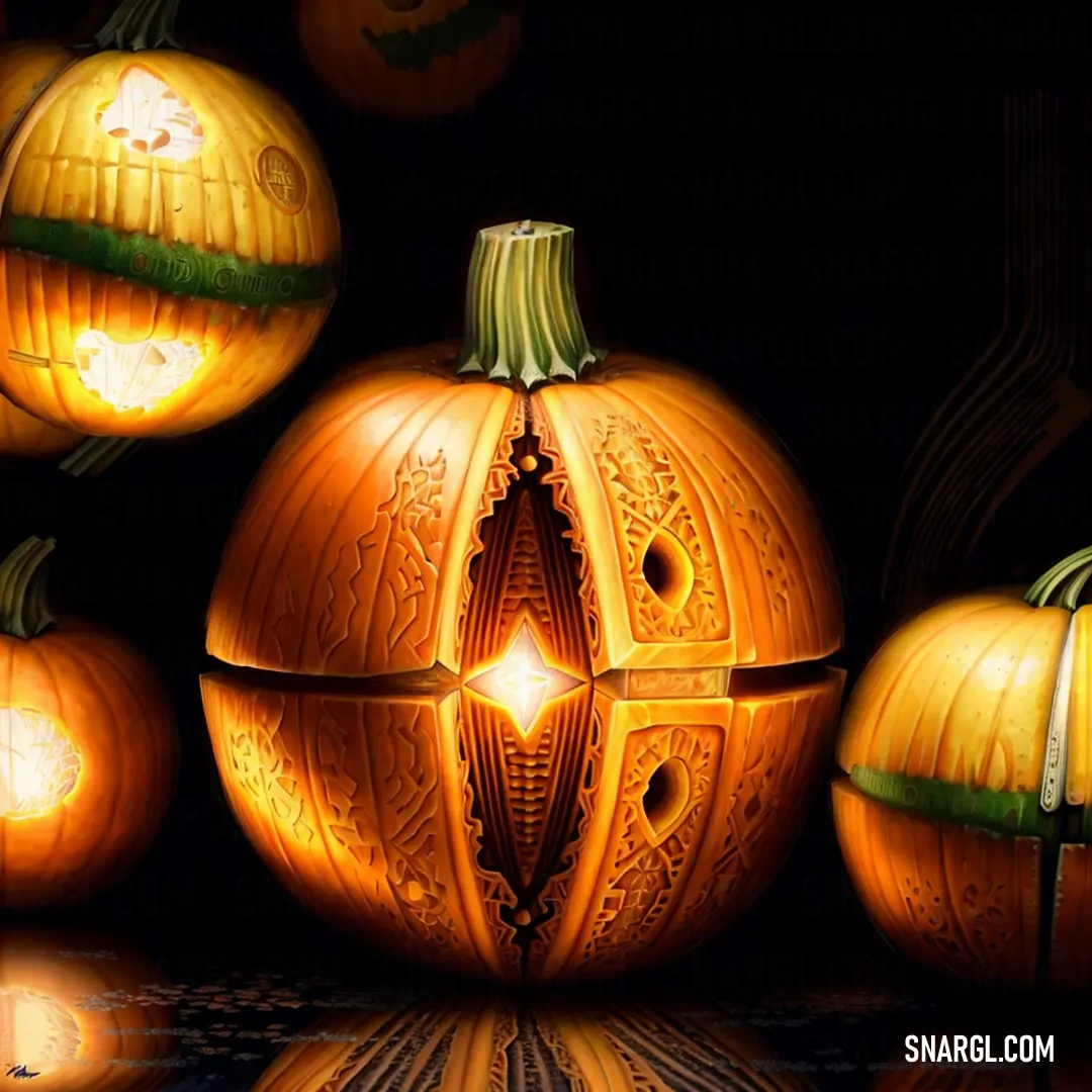 Group of pumpkins with carved faces on them. Example of CMYK 0,36,100,10 color.