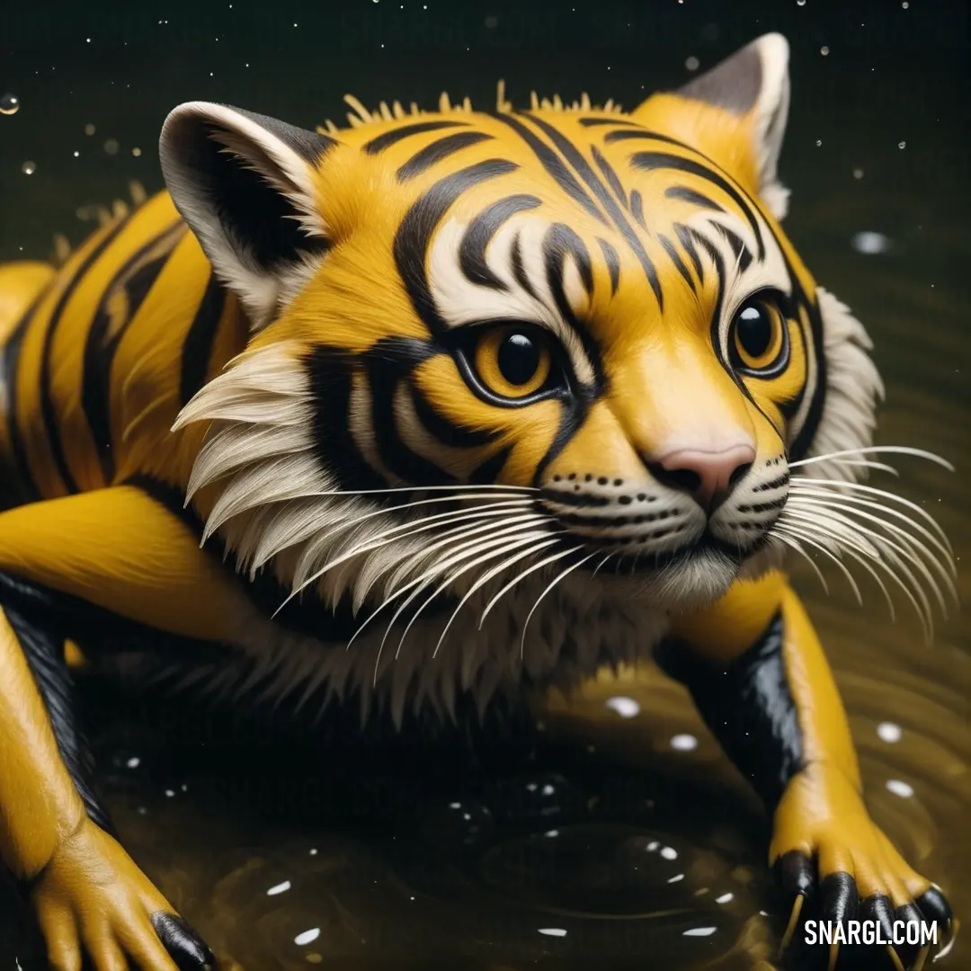 NCS S 2070-Y10R color example: Tiger is floating in the water with its head turned to the side and eyes open