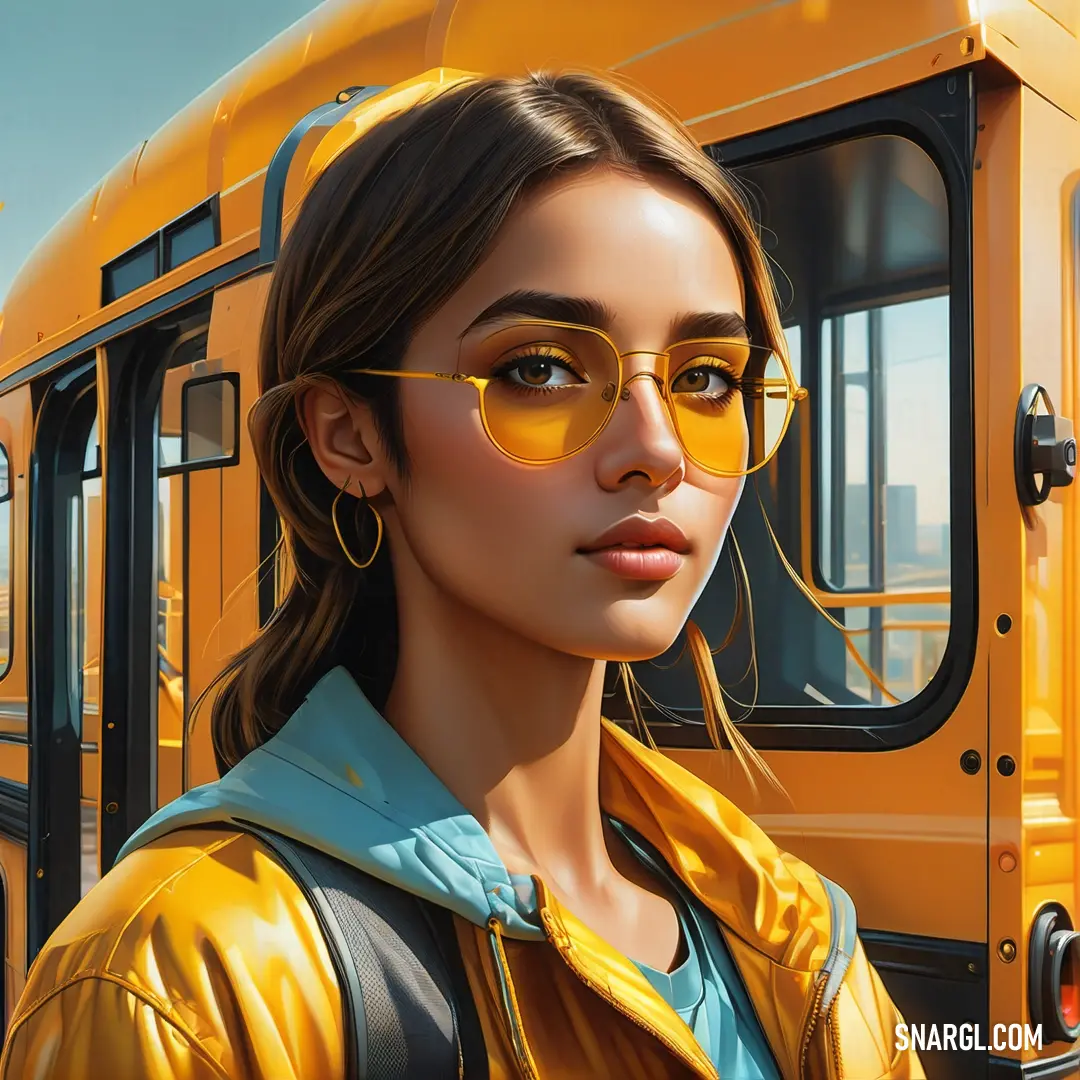 Woman wearing yellow glasses standing in front of a yellow bus with a city in the background. Example of NCS S 2070-Y10R color.