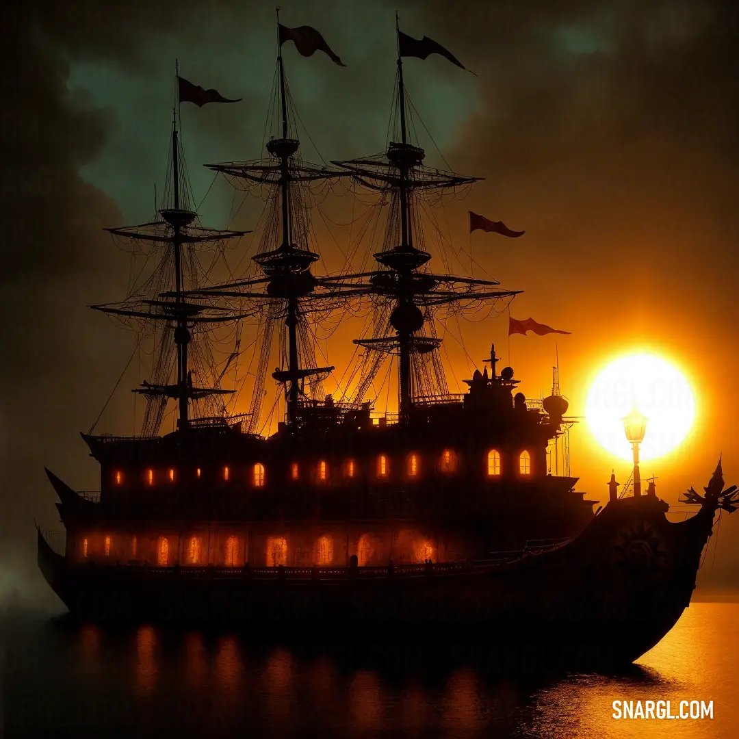 Large ship sailing on a body of water at night with the sun in the background. Color NCS S 2070-Y20R.