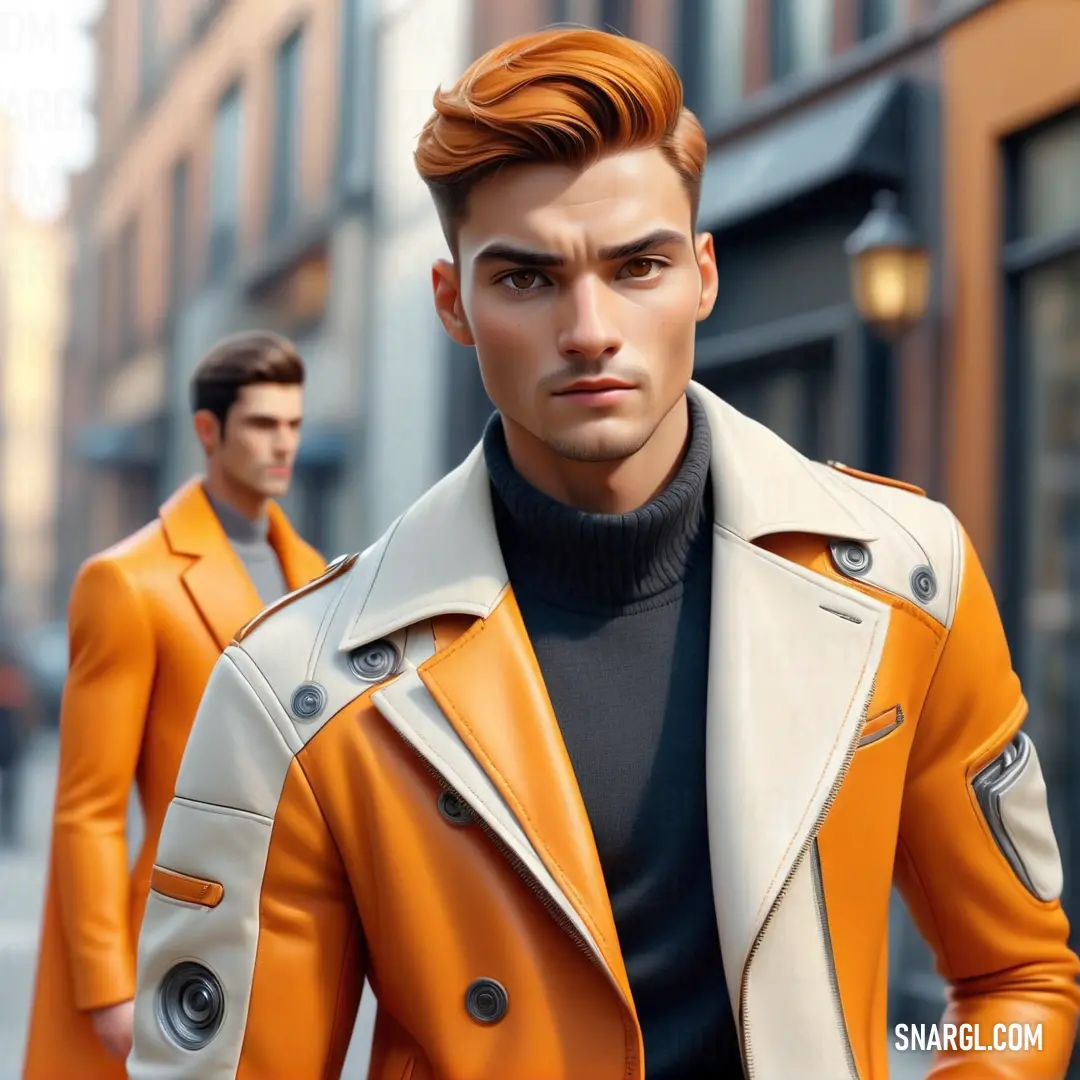 Man in an orange leather jacket and a man in a black turtle neck sweater are walking down a street. Color RGB 221,131,0.