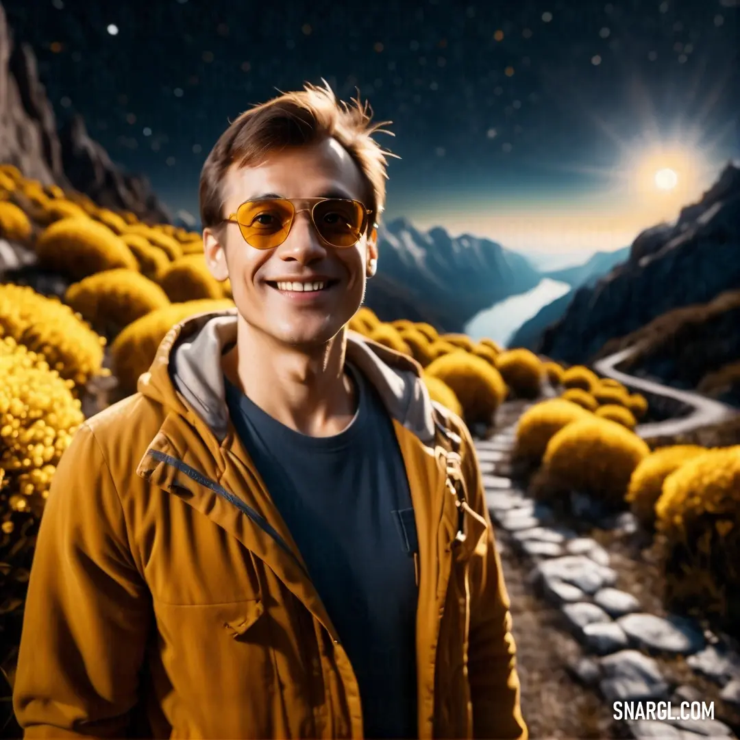 NCS S 2070-Y20R color example: Man wearing sunglasses standing in a field of yellow flowers with a mountain in the background