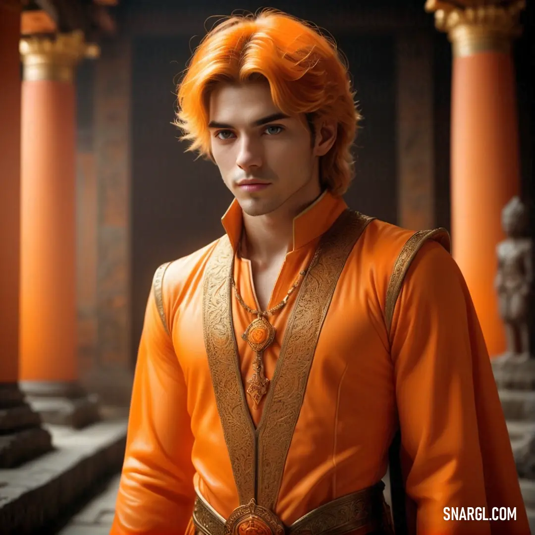 NCS S 2070-Y20R color example: Man with orange hair and a orange outfit in a temple setting with columns and columns in the background