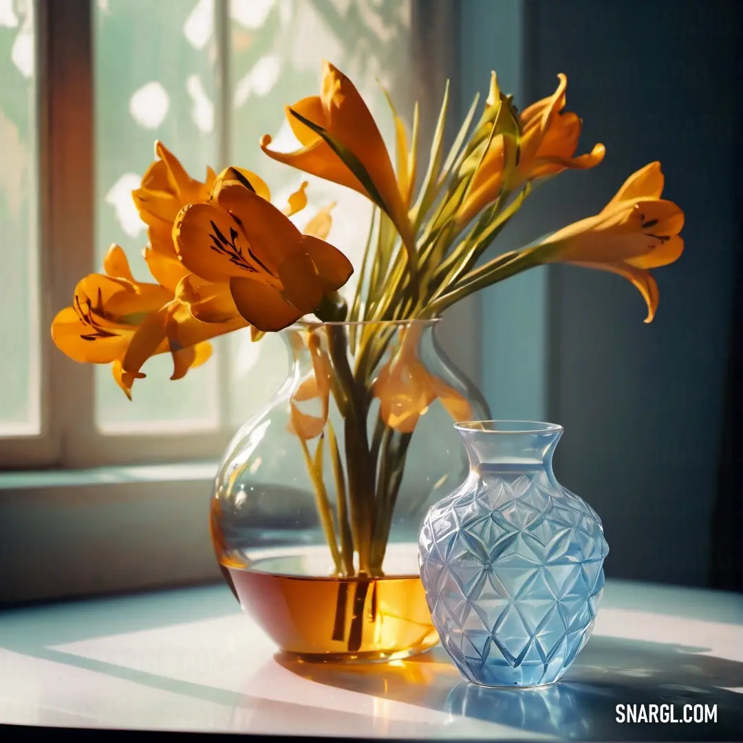 Vase with yellow flowers on a table next to a window with a sun shining through it and a vase with water. Color #DD8300.