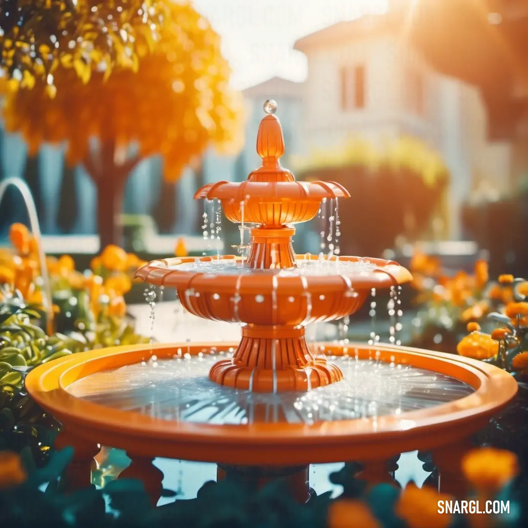 Water fountain surrounded by flowers and trees in a park area with a house in the background. Color #DD8300.
