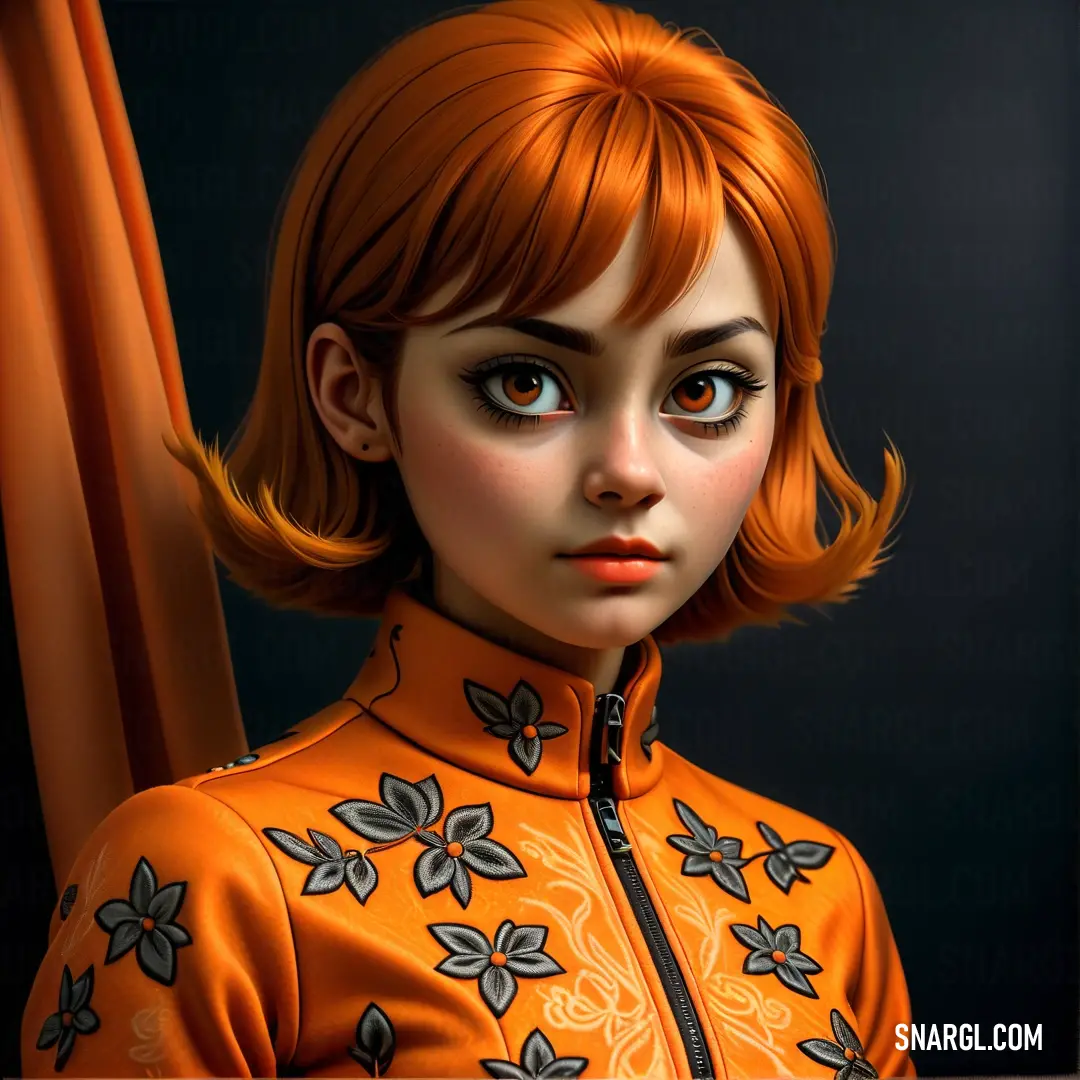 Digital painting of a woman with orange hair and blue eyes wearing an orange jacket and orange flowers on her shirt