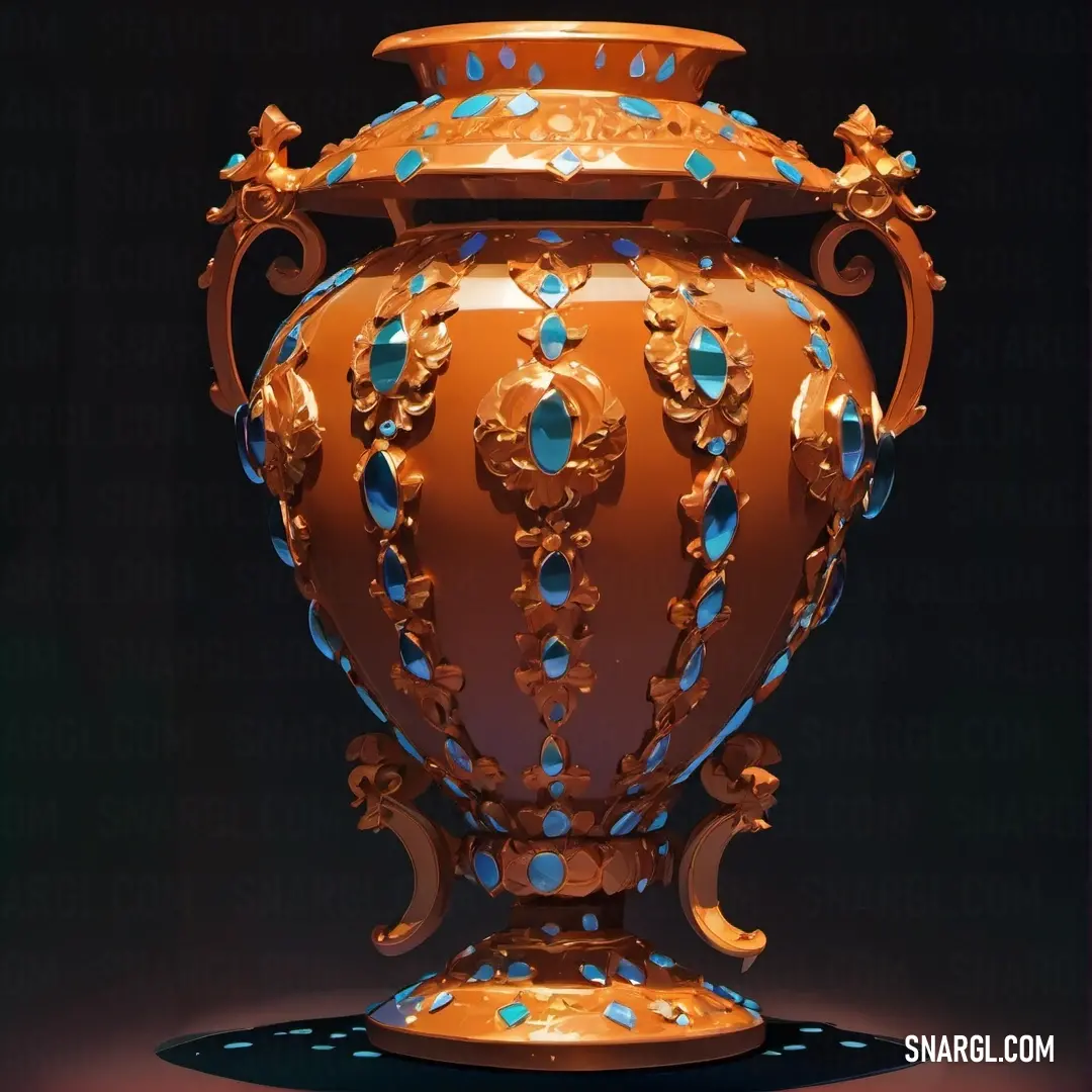 Large vase with a lot of blue and gold decorations on it's sides and sides, on a black background. Color NCS S 2070-Y50R.