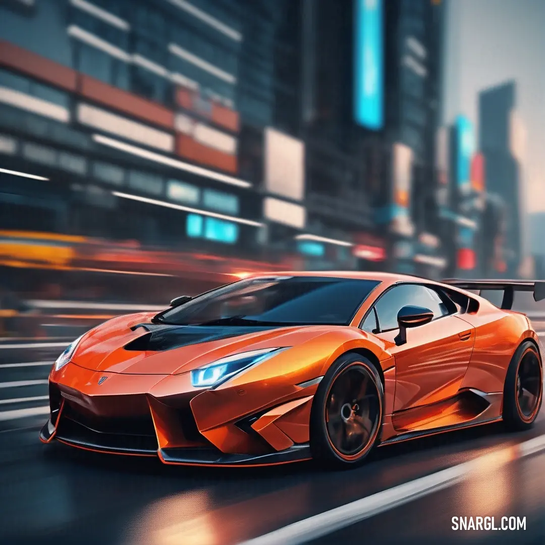 NCS S 2070-Y50R color example: Very nice looking orange sports car driving down the street in the city at night time with lights on