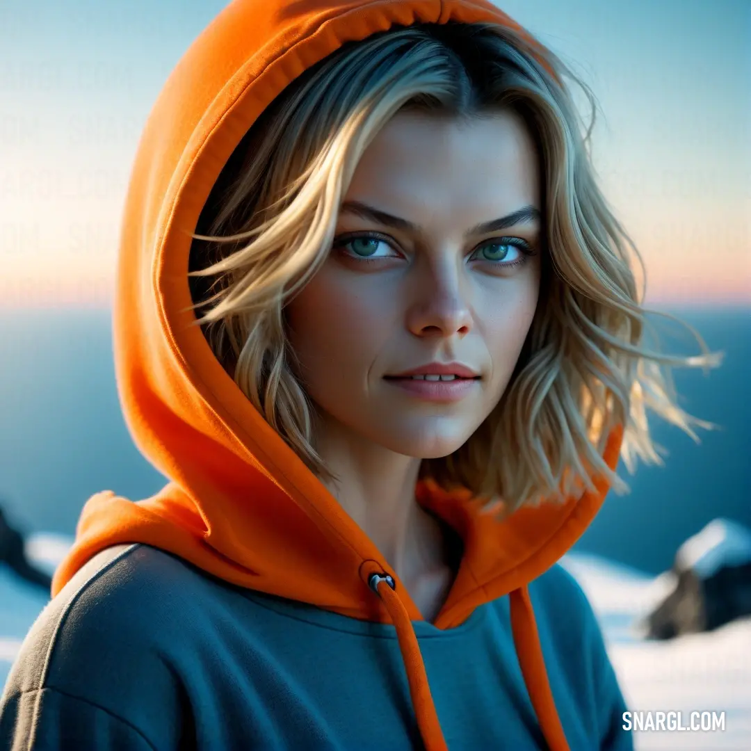 NCS S 2070-Y50R color example: Woman with a hoodie on standing in the snow with a mountain in the background
