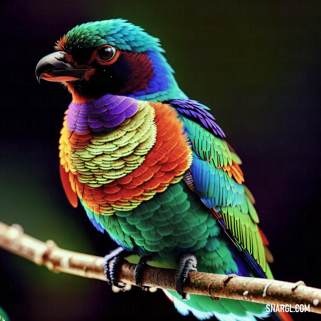 Colorful bird on a branch with a black background. Example of CMYK 0,82,94,15 color.