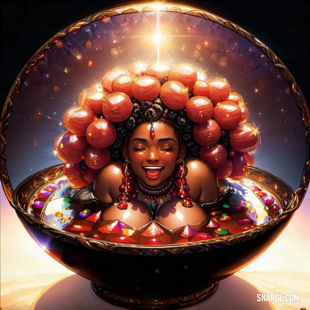 Painting of a woman with fruit in her hair in a bowl of water with a bright light shining on her. Color #C33706.