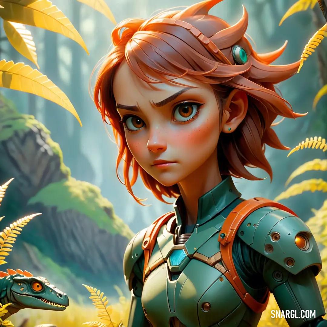 Woman in a green suit standing in a forest with a dinosaur behind her and a fern in her hair. Example of NCS S 2070-Y60R color.