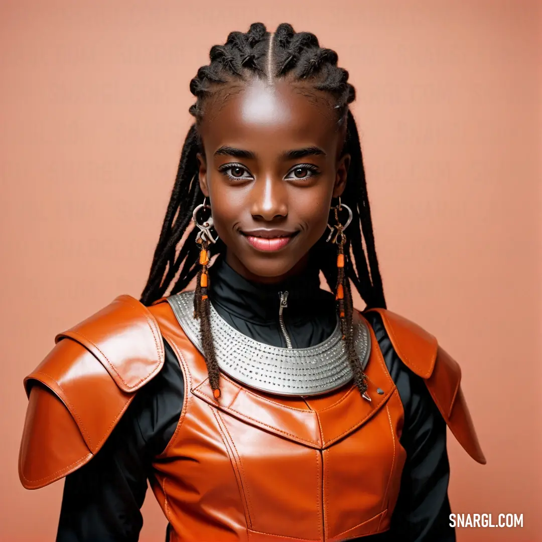 Woman with braids and a leather outfit on posing for a picture in a studio setting with a pink background. Color NCS S 2070-Y60R.