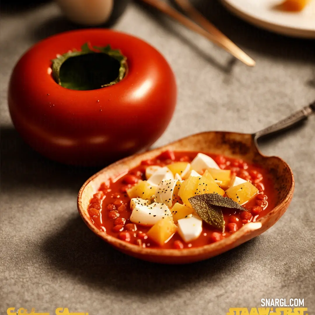 Bowl of food with a tomato and a spoon on a table next to a plate of food and a knife. Example of #CD2A03 color.