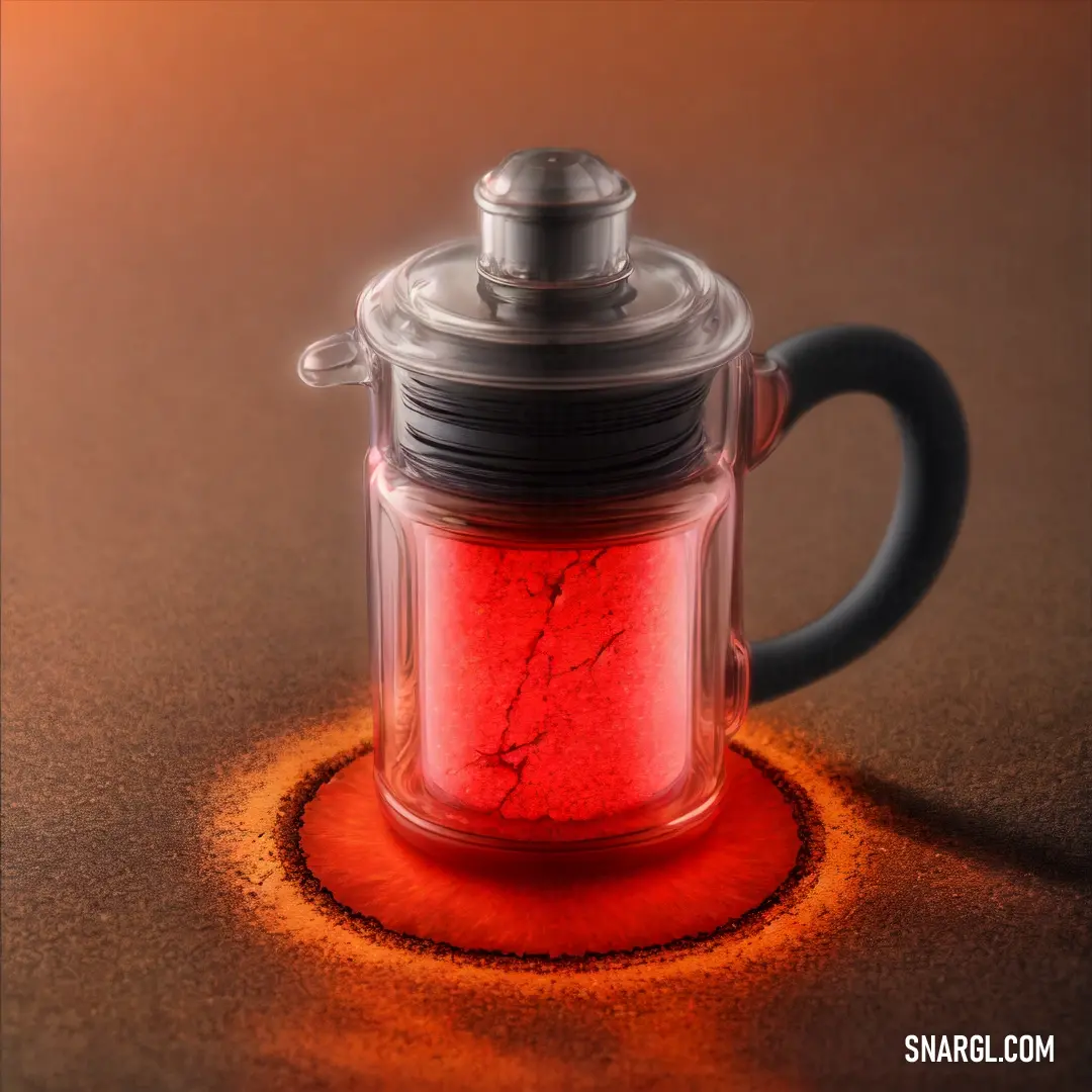 Glass jar with a red substance inside of it on a table top. Example of CMYK 0,90,100,10 color.