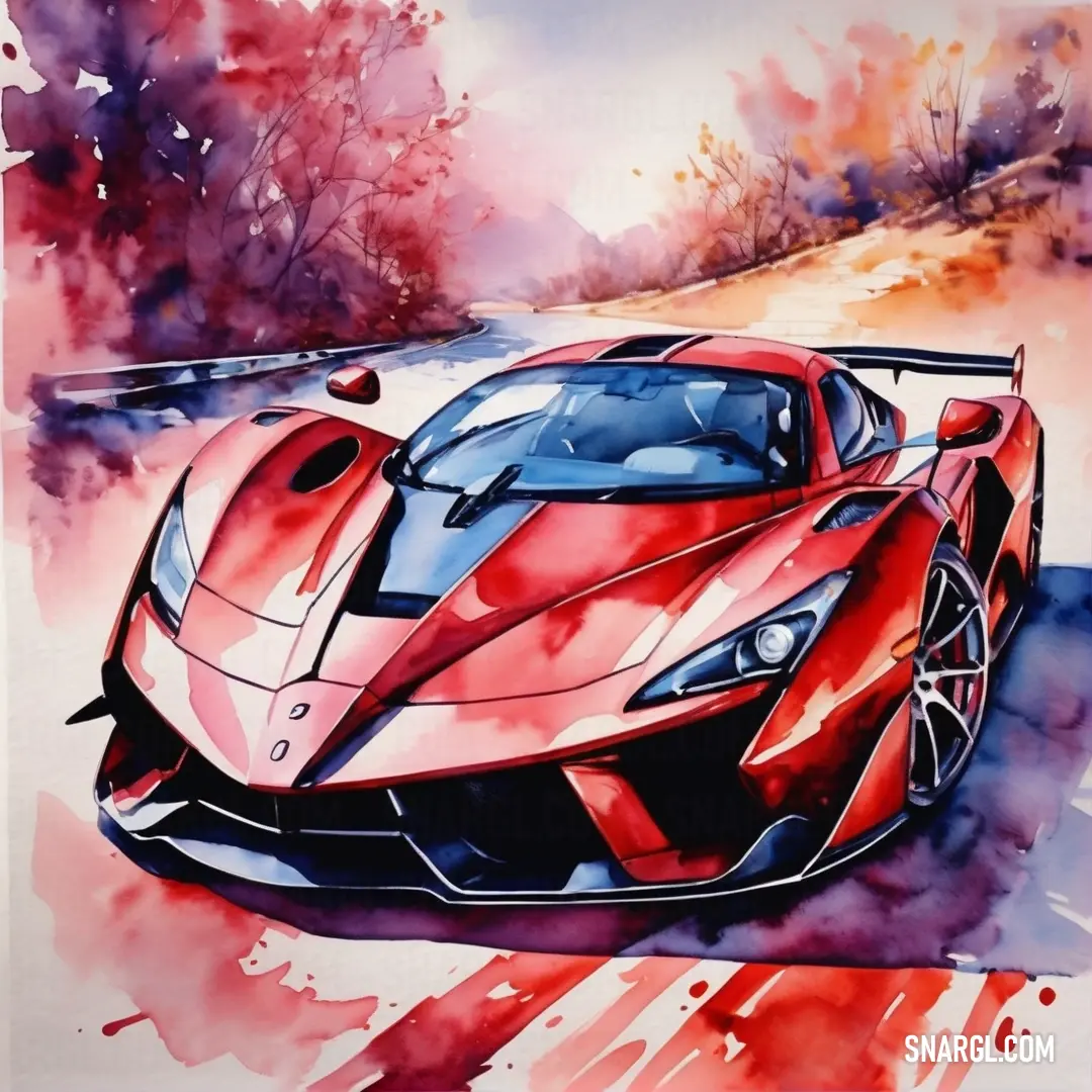 Painting of a red sports car on a road with trees in the background. Example of NCS S 2070-Y70R color.