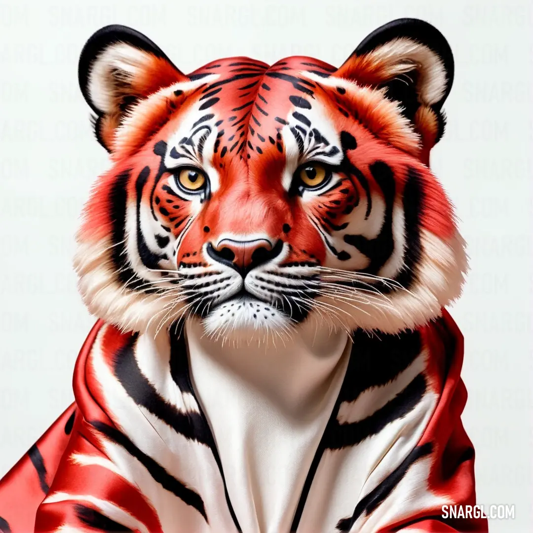 Tiger is wearing a red and white scarf and a red and white scarf around its neck and head. Example of CMYK 0,90,100,10 color.