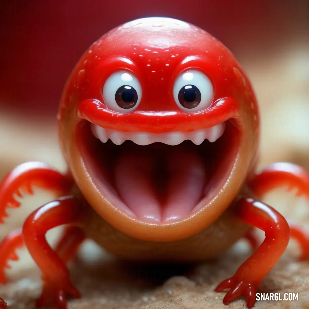 Red toy with a big mouth and teeth on it's face and legs. Color NCS S 2070-Y70R.