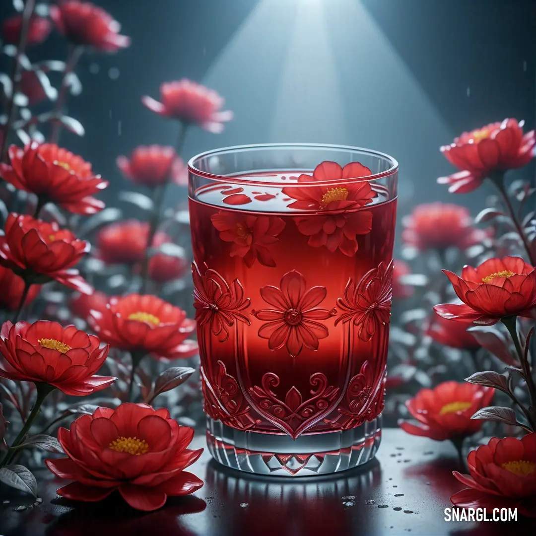 NCS S 2070-Y80R color example: Glass of red liquid with a bunch of red flowers in the background