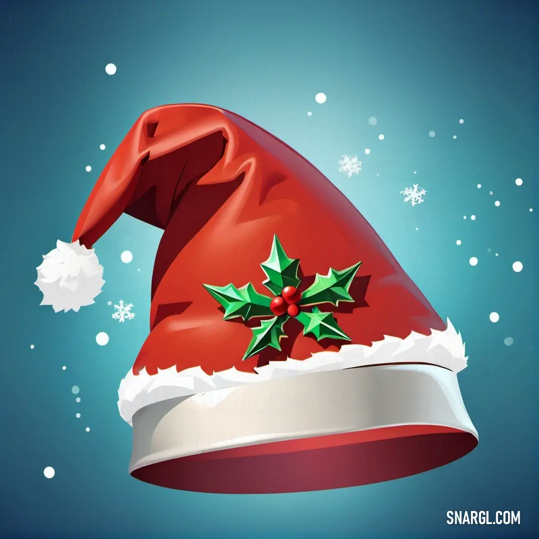NCS S 2070-Y80R color example: Red santa hat with a holly berry decoration on it's brimmed hat with snowflakes