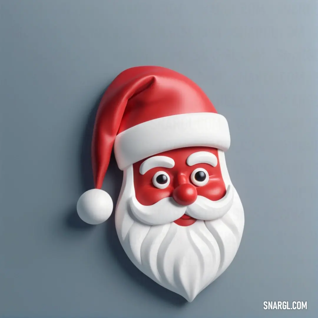 Santa claus mask with a red beard and a white beard on a gray background. Example of NCS S 2070-Y80R color.