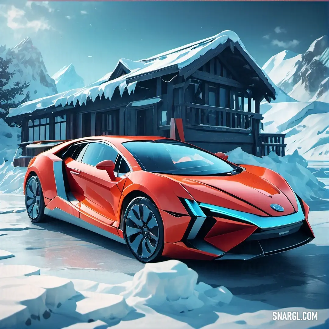 Red sports car parked in front of a house in the snow with a mountain background. Color CMYK 0,95,80,20.