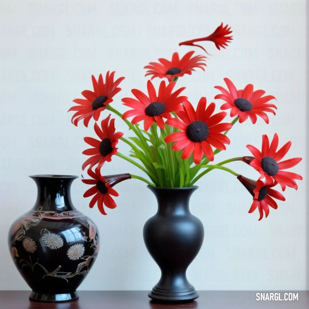 Vase with red flowers in it and a black vase with red flowers in it on a table with a white wall. Color RGB 181,31,39.
