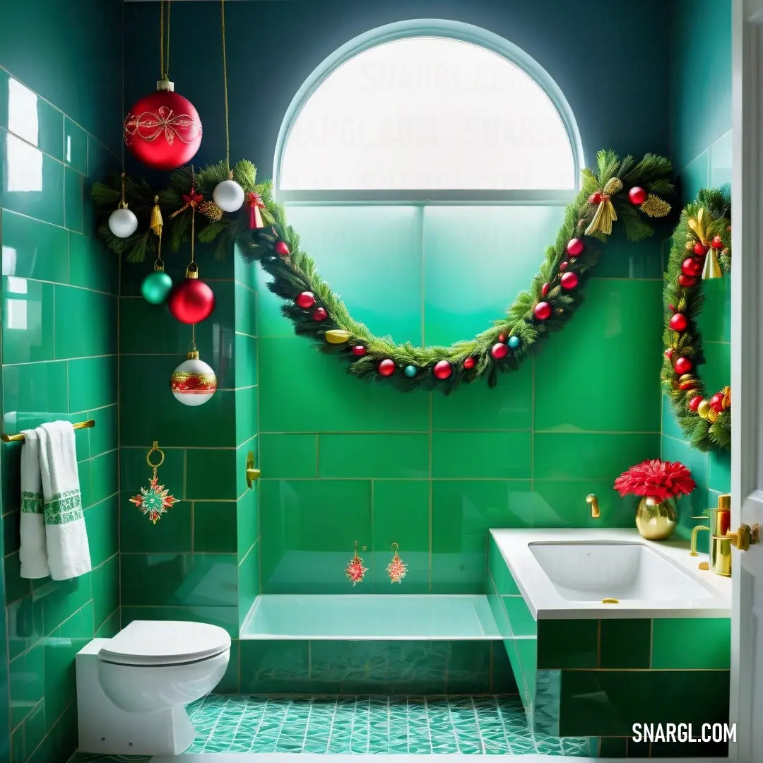 Bathroom decorated for christmas with a wreath and wreath decorations on the wall and a toilet and sink in the corner