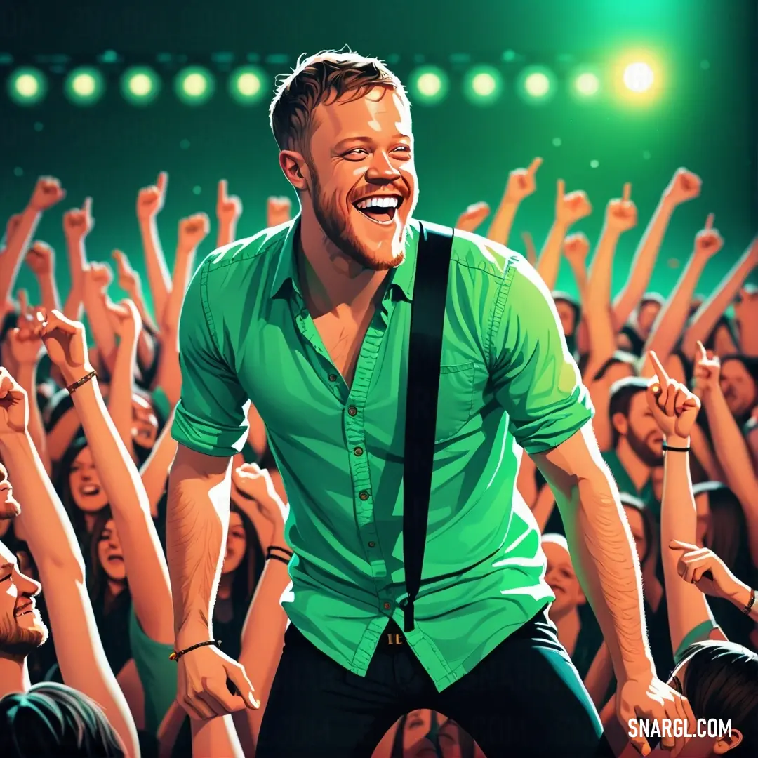 Man in a green shirt and black pants singing into a microphone with his hands up in the air. Example of NCS S 2075-G20Y color.