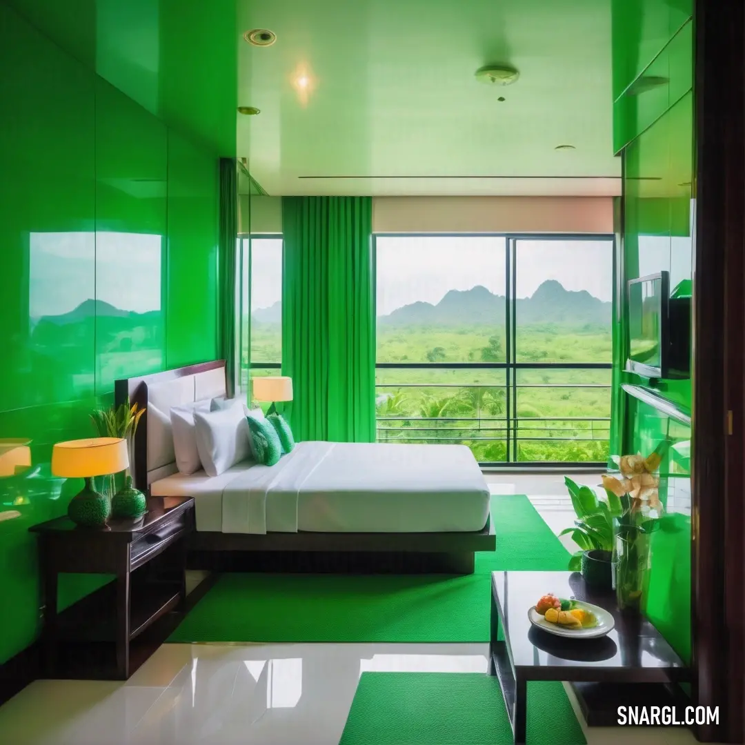 NCS S 2075-G20Y color. Bedroom with a green wall and a large window overlooking a valley and mountains is shown in this image