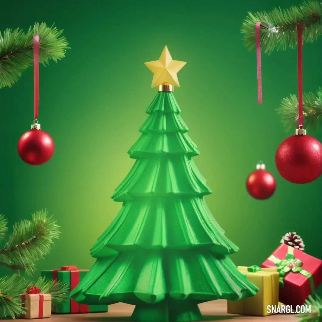 Christmas tree with presents under it and a star on top of it. Color RGB 0,161,52.