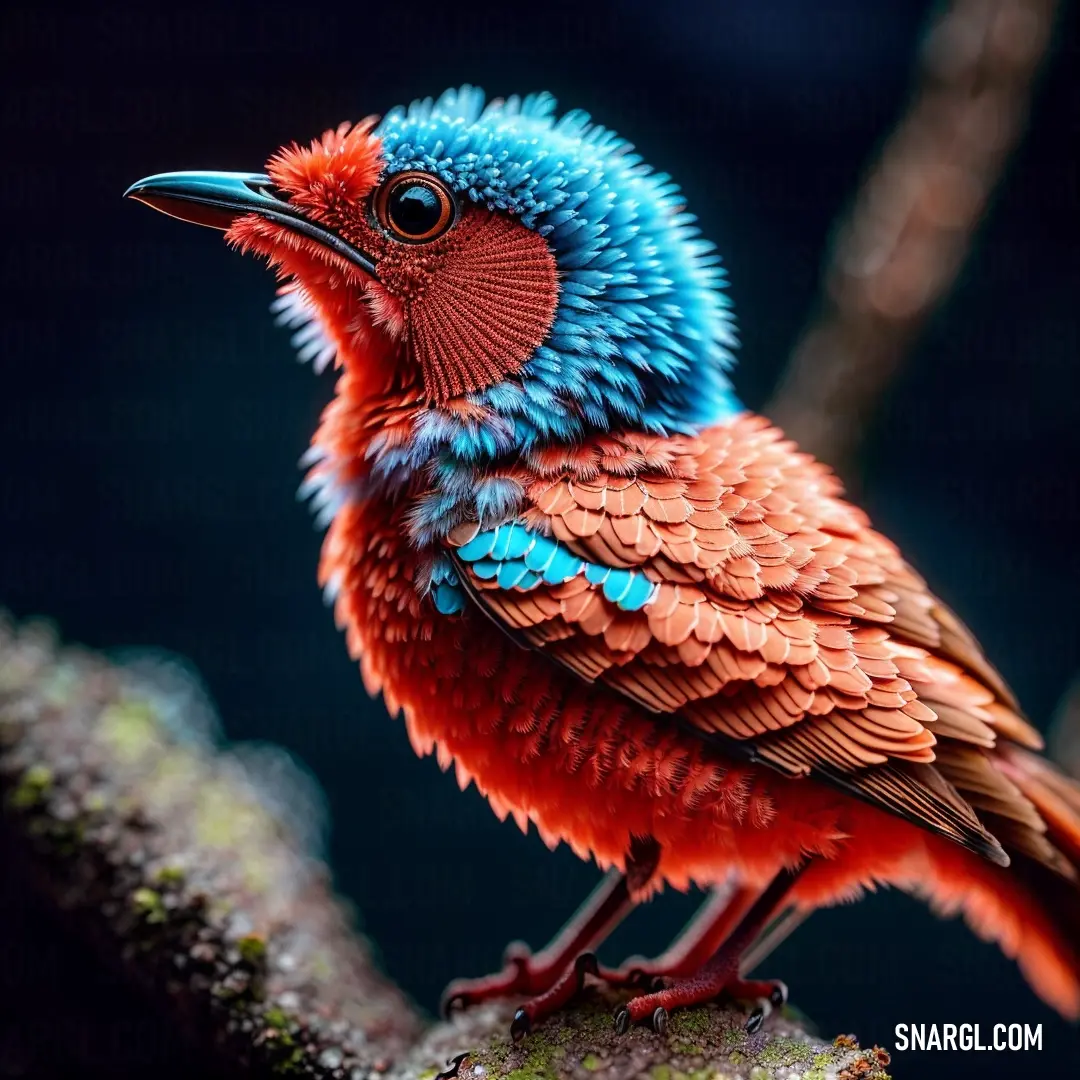 Colorful bird on a branch in the dark night time. Example of CMYK 0,86,100,10 color.