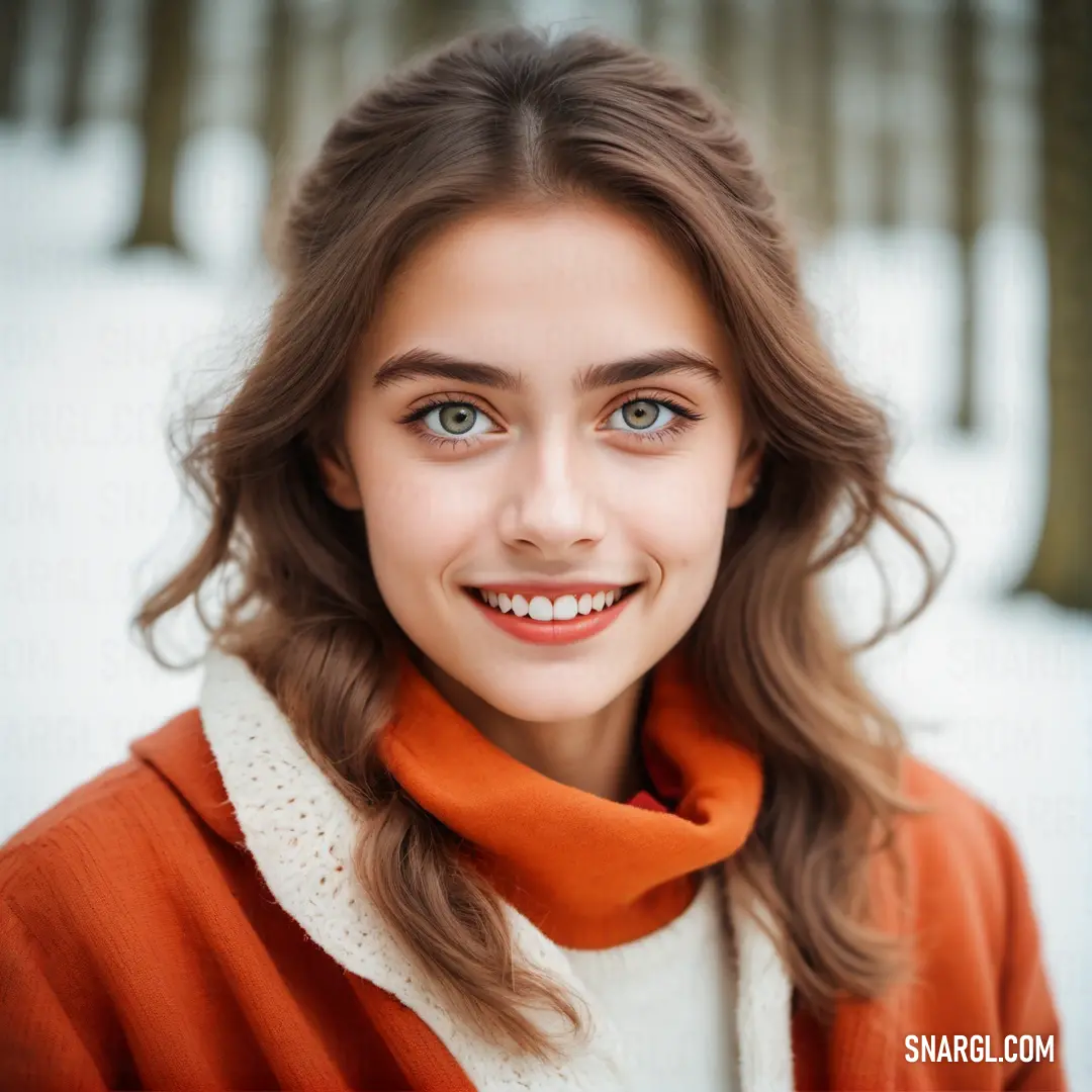 Woman with a scarf around her neck smiling at the camera in the snow with trees in the background. Example of #D03200 color.