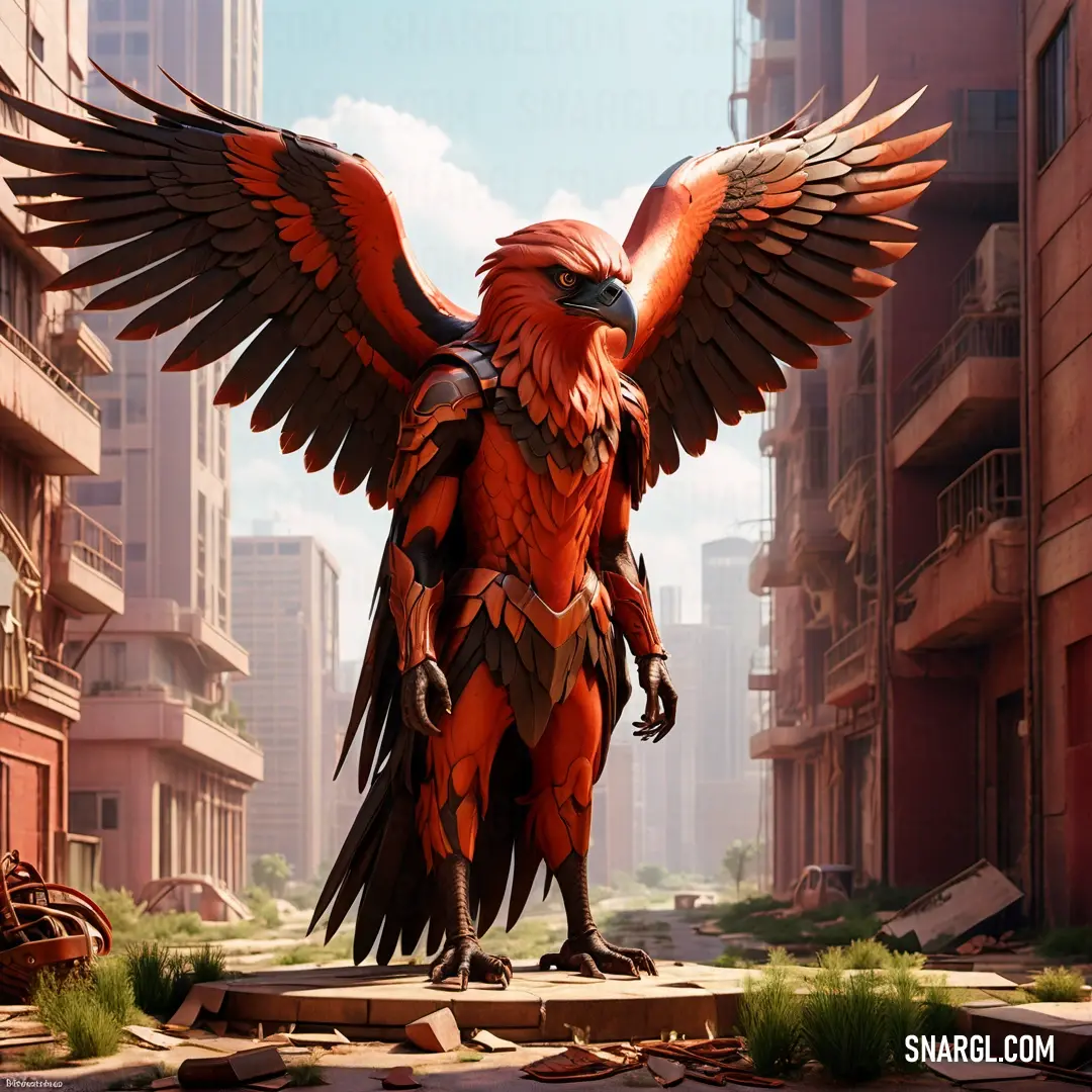 Large bird with wings spread out in a city setting with tall buildings and a few cars in the background. Example of CMYK 0,92,100,15 color.