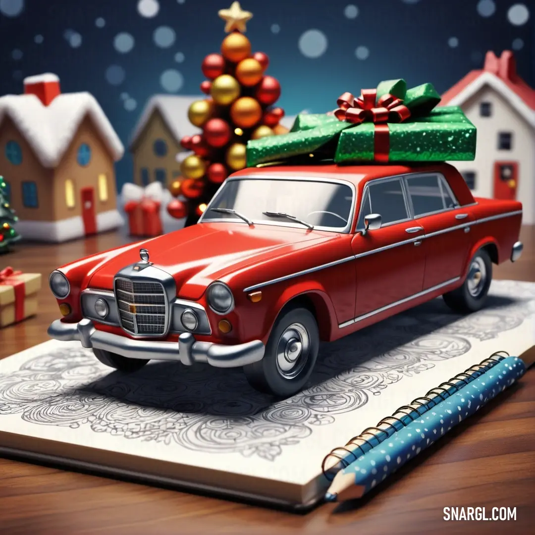 Red car with a christmas tree on top of it and a notebook with a pen on it and a christmas tree in the background