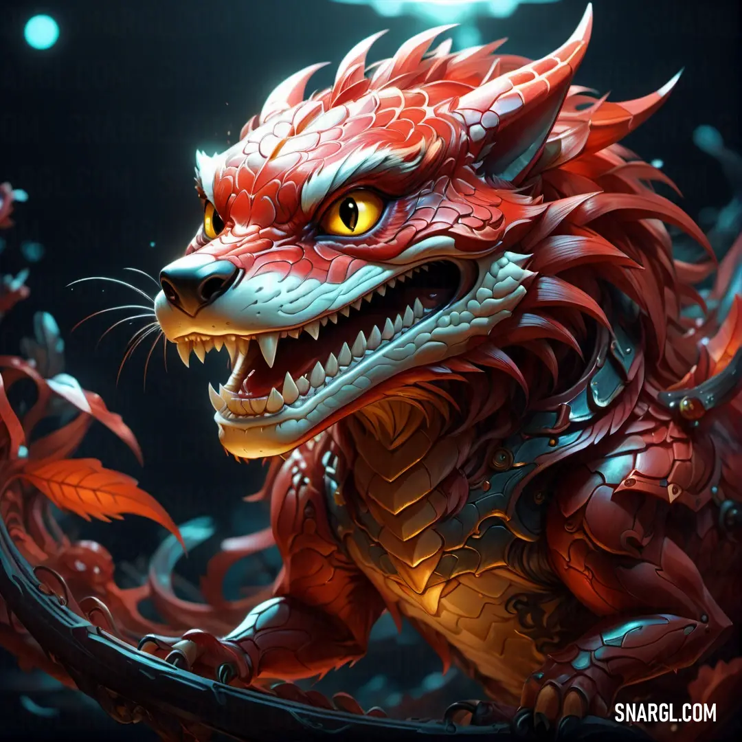 Red dragon with yellow eyes and a large mouth is shown in this image, with a dark background. Example of #C22308 color.