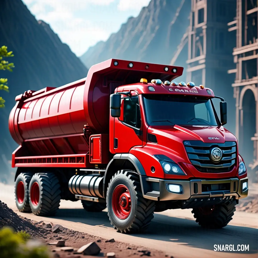 Red dump truck driving down a dirt road next to a mountain range with a building in the background. Example of CMYK 0,92,100,15 color.