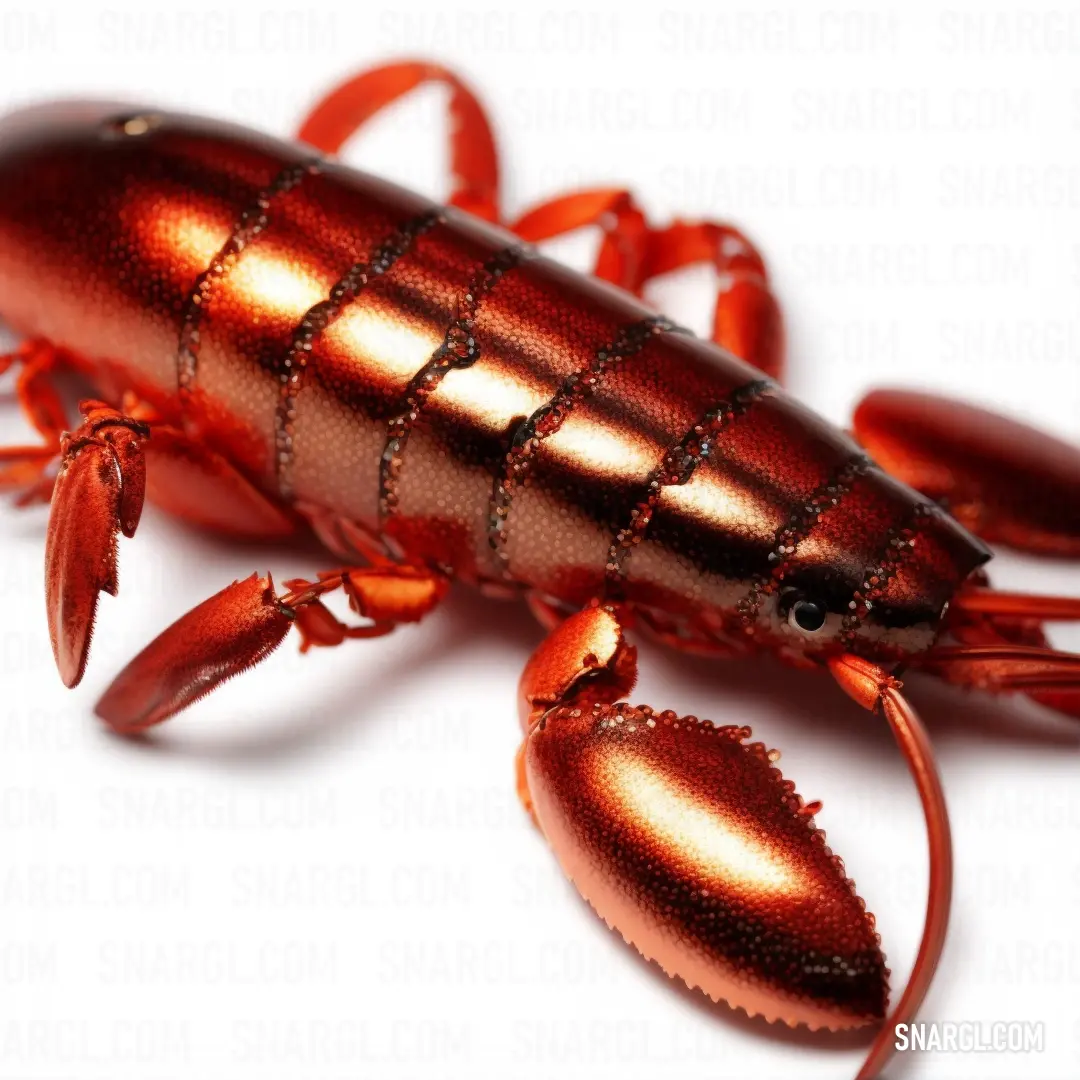 Shiny red lobster is on a white surface with a black stripe on it's back end and a black stripe on its front end