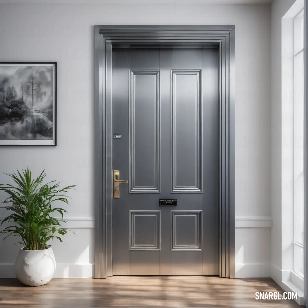 Door with a plant in a vase on the floor next to it and a picture on the wall. Example of #CECDCC color.