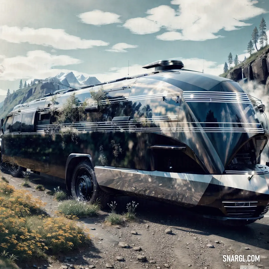 Black and white bus parked on a dirt road next to a mountain range with trees and flowers on it. Example of #AEB3B6 color.