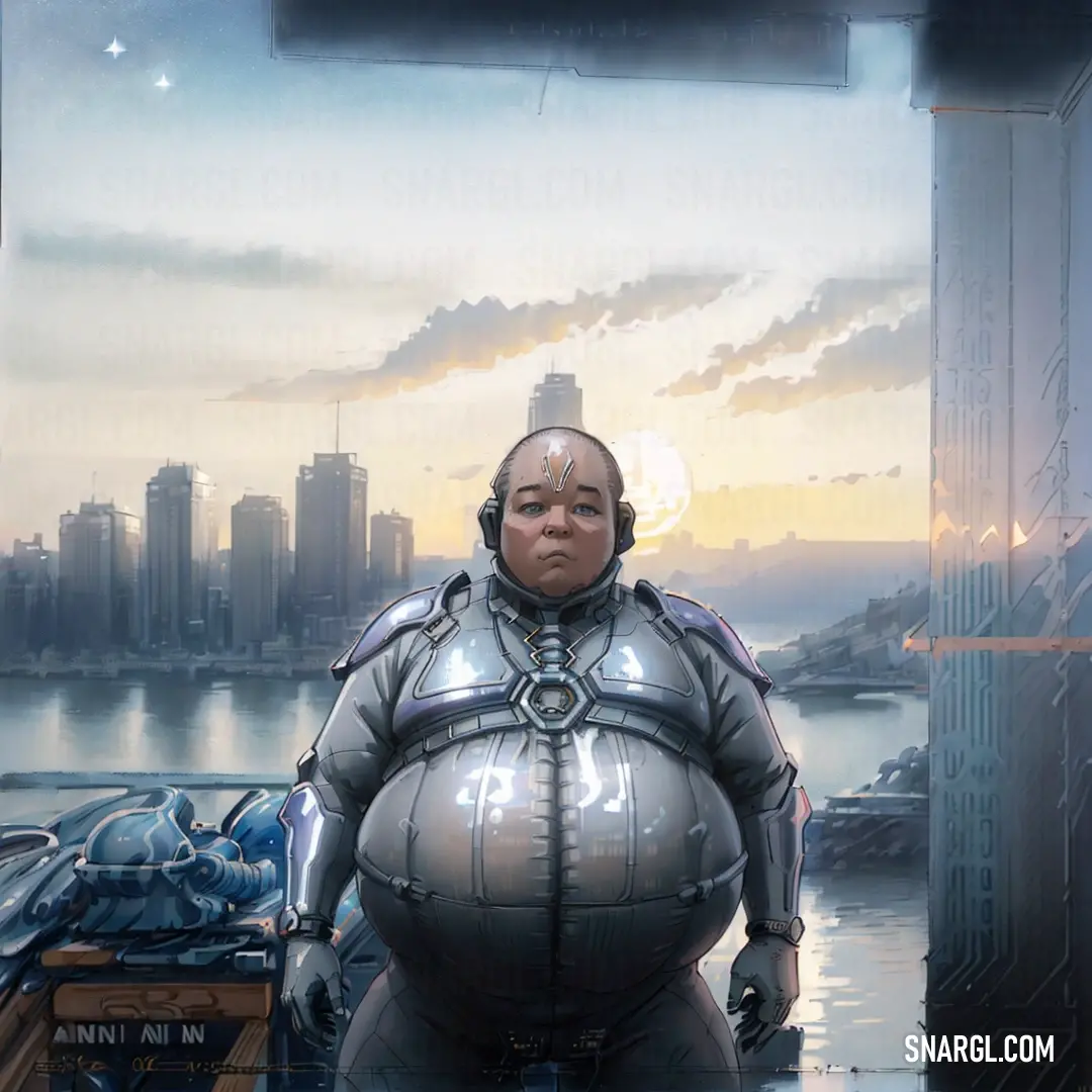 Woman in a futuristic suit standing in front of a cityscape with a giant belly. Example of CMYK 5,0,8,33 color.