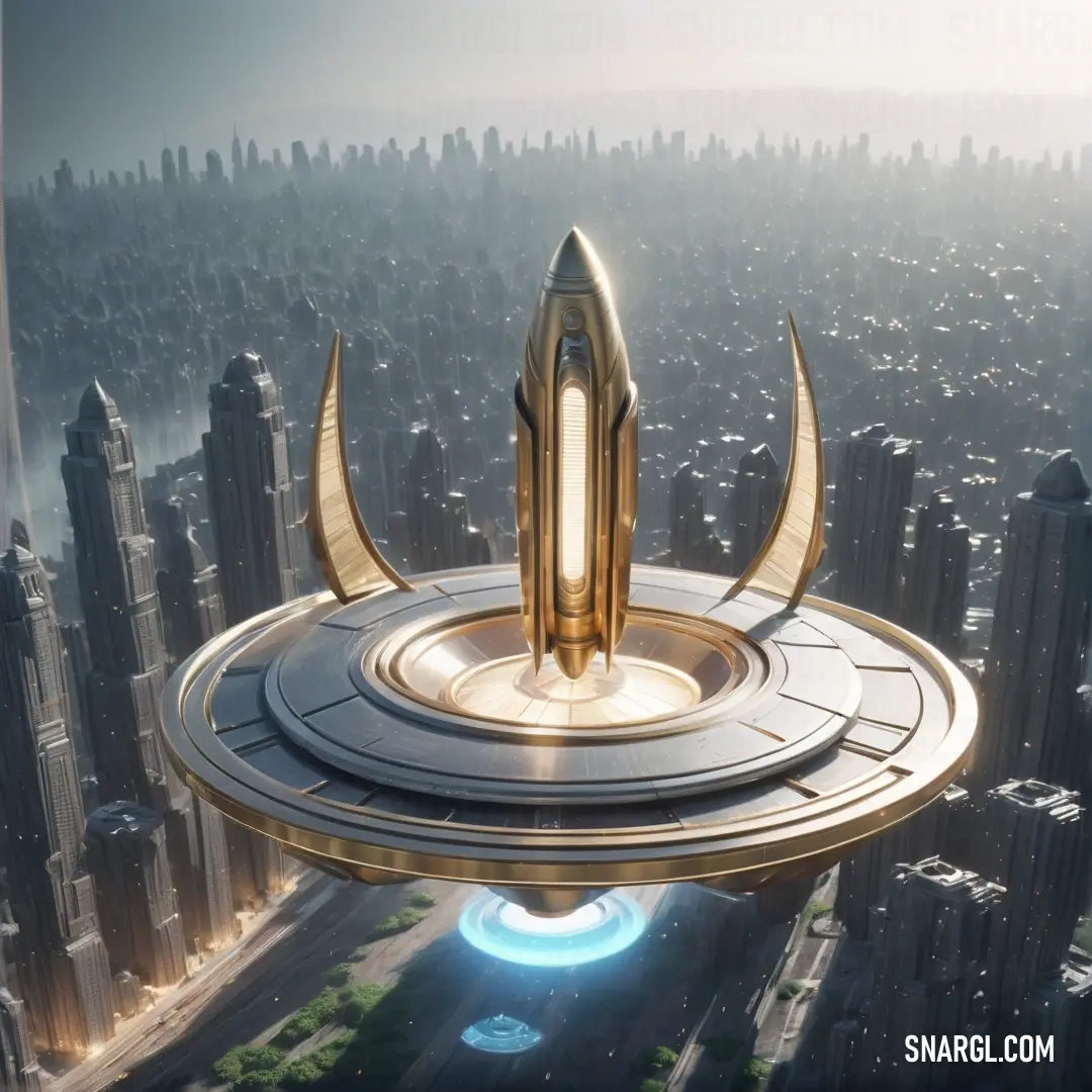 Futuristic city with a futuristic flying saucer in the middle of it's center surrounded by tall buildings