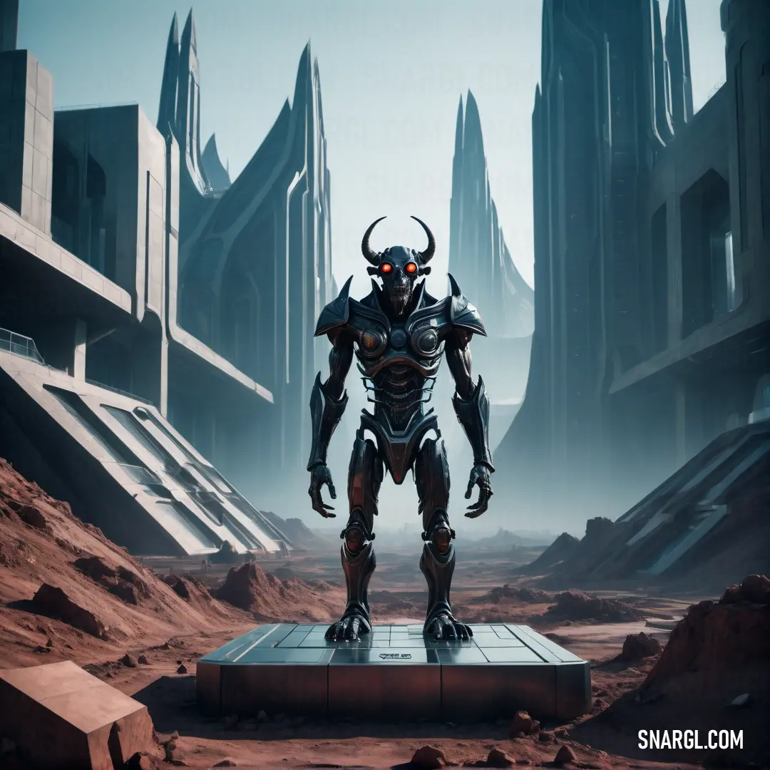 Sci - fi robot standing in a desert setting with a futuristic city in the background and a giant red bull in the foreground