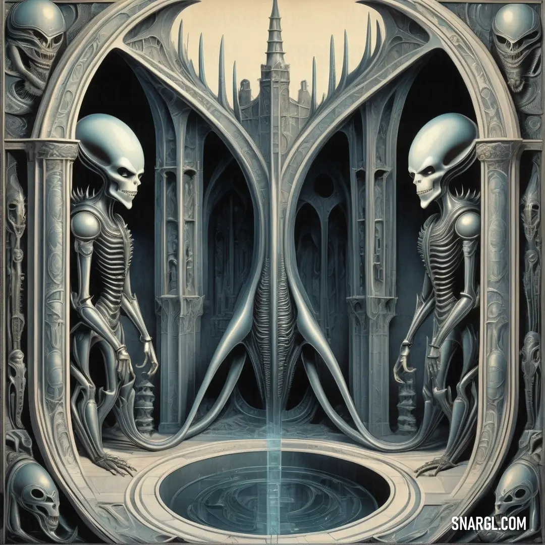 Surreal painting of two skeletons in a doorway with a fountain in front of them and a castle in the background