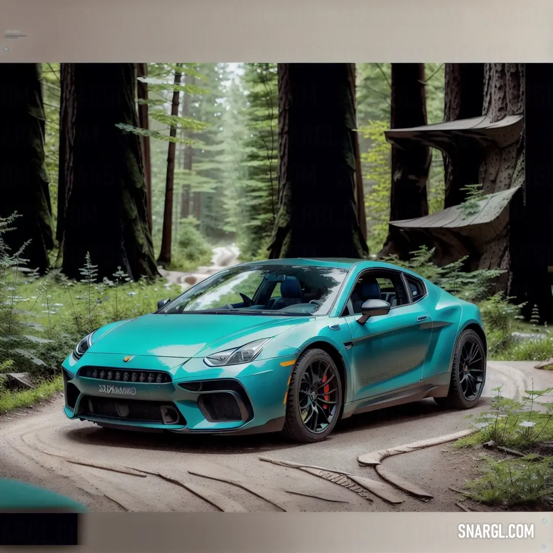 Blue sports car driving through a forest filled with trees and grass. Example of NCS S 2555-B20G color.