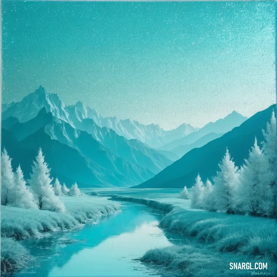 Painting of a mountain river in the middle of a forest with snow on the mountains in the background. Example of RGB 0,137,147 color.