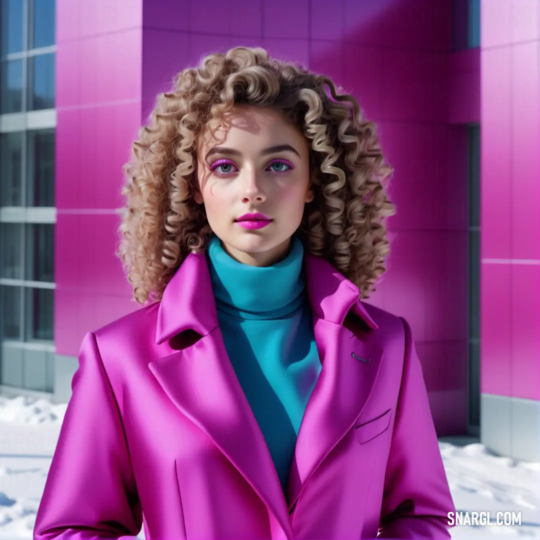 NCS S 2555-B20G color example: Woman with curly hair wearing a purple coat and blue turtle neck sweater in front of a pink building
