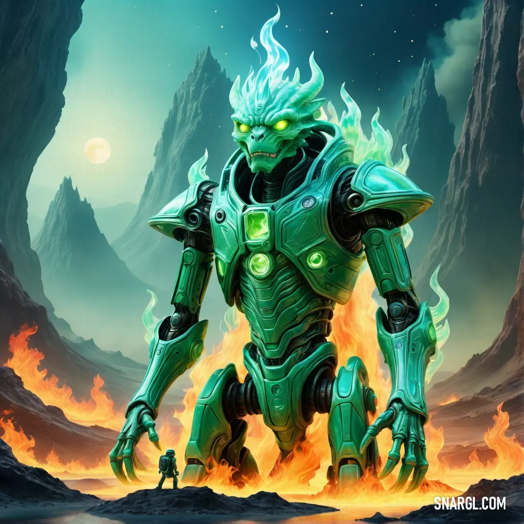 NCS S 2565-G color. Green creature with a glowing face and a glowing body in a landscape with rocks and a full moon
