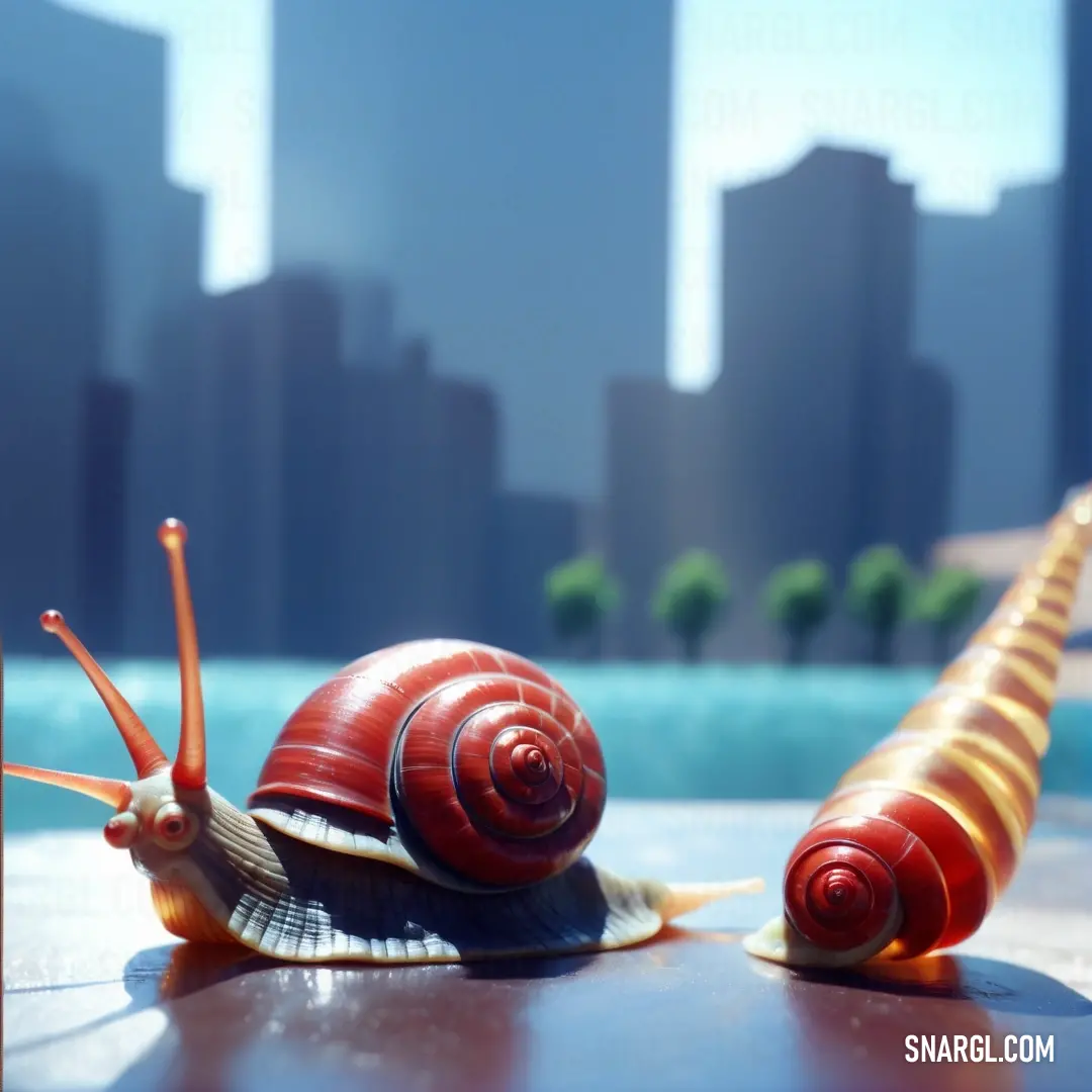 Two snails are on a table in front of a cityscape with skyscrapers in the background. Example of RGB 146,0,34 color.