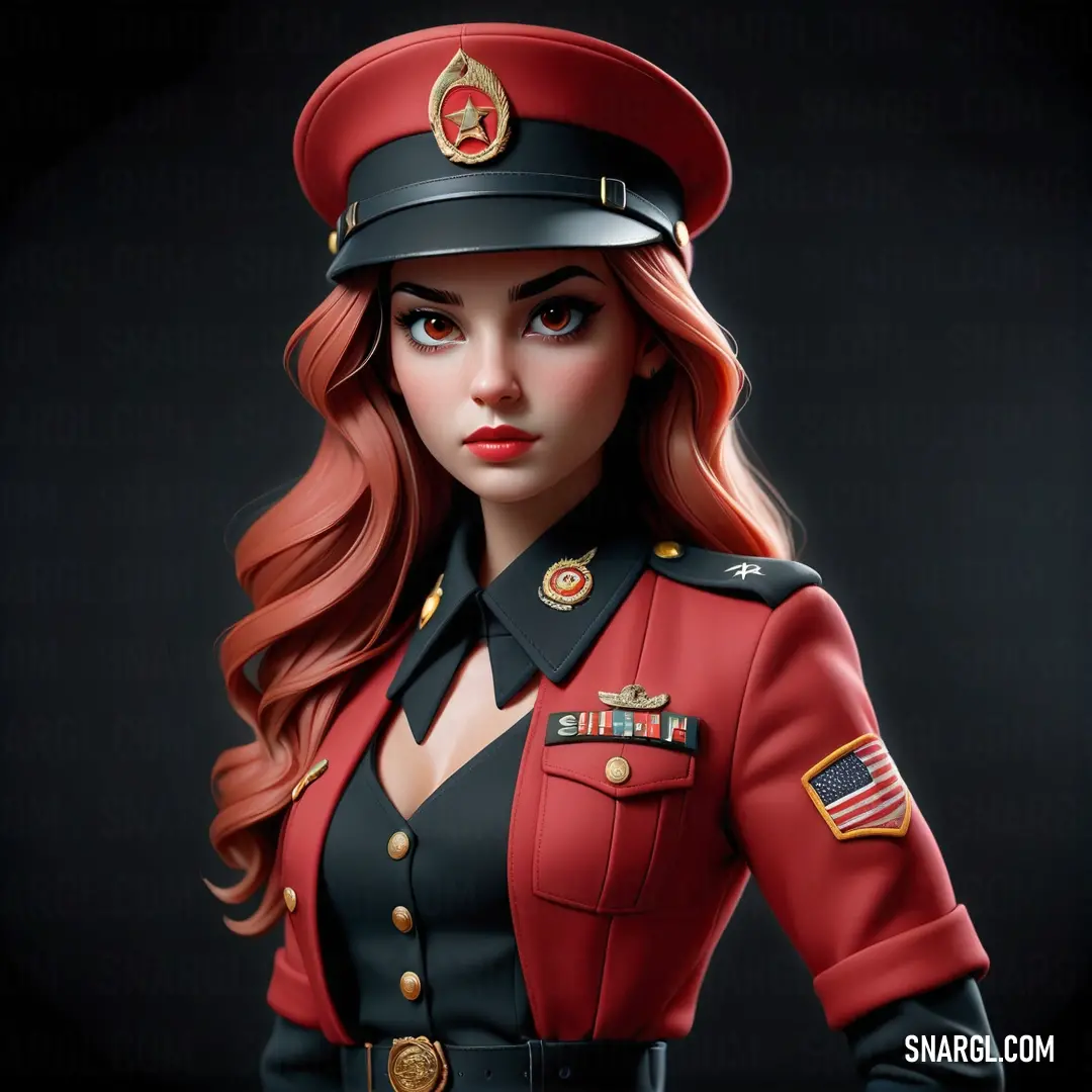 Woman in a uniform with long red hair and a red hat on her head. Example of NCS S 2570-R color.